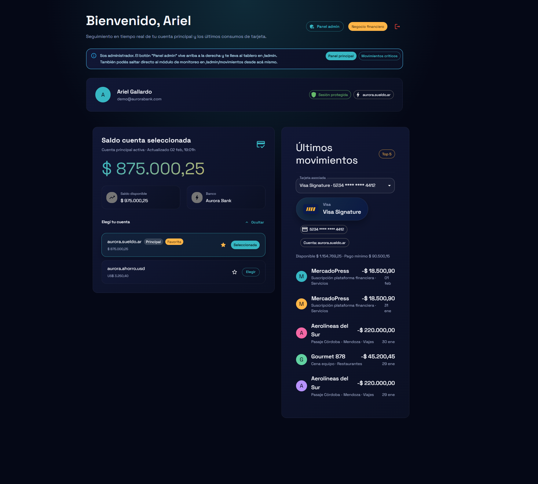 Pantalla de Sistema Bancario Aurora